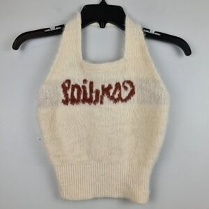 Women's Y2K Fuzzy Knit Halter Tank Top Cropped XS* Ivory Cursive Writing Stretch